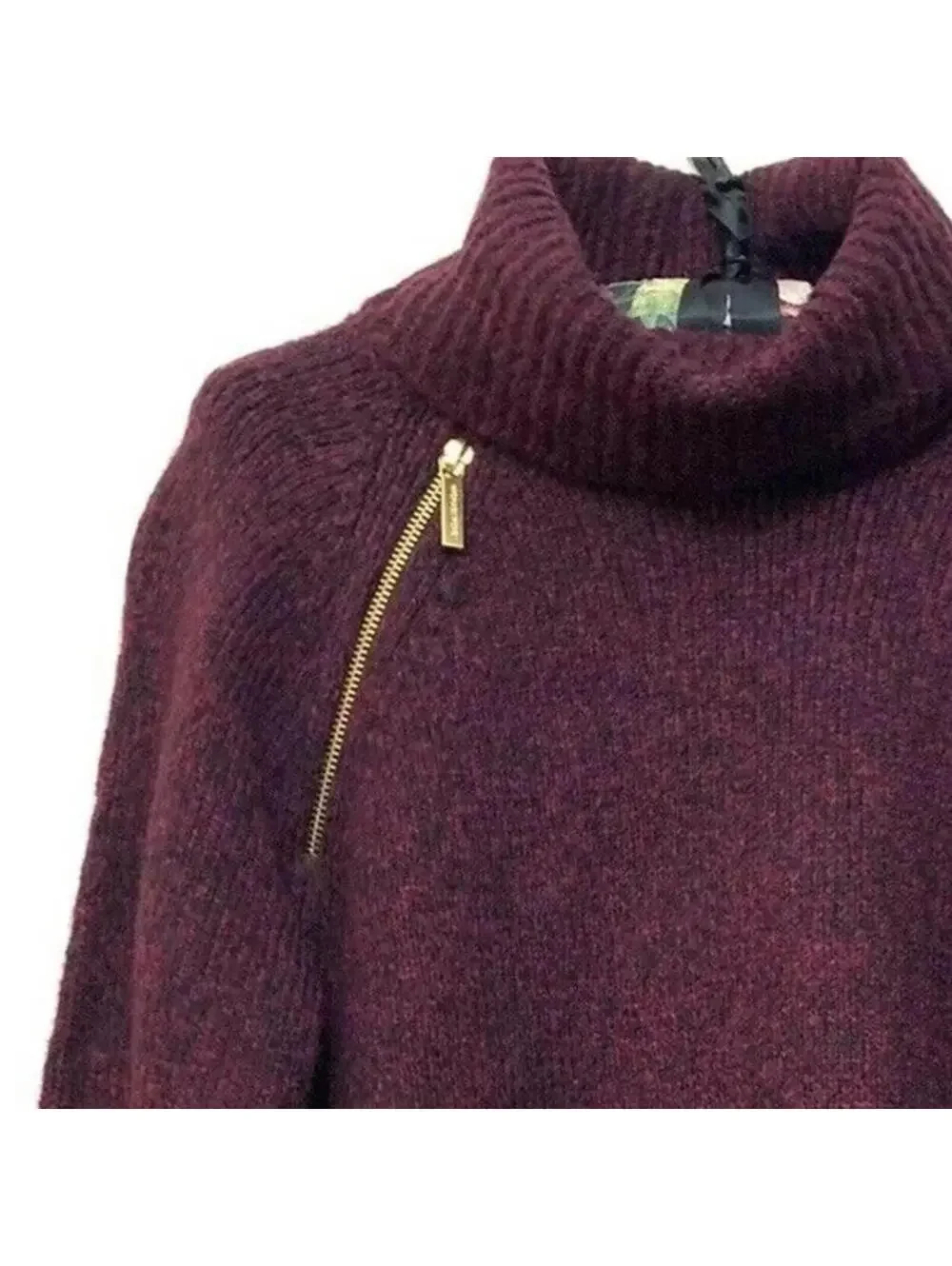 NWT Michael Kors Burgundy Turtleneck Sweater Gold Zip Shoulder XL Knit Pullover